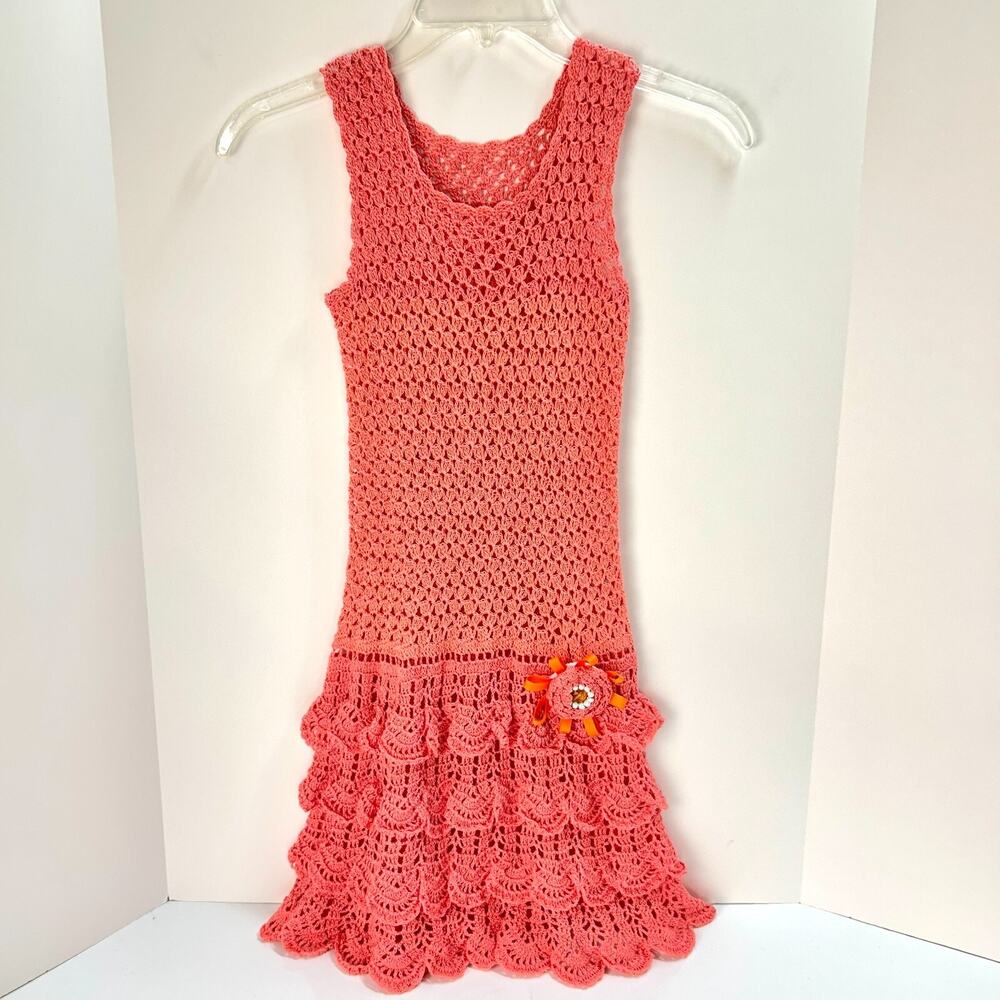 Handmade Crochet Ruffle Dress Girls Size 6 (30" Length) Pink Coral Sleeveless - Picture 13 of 13
